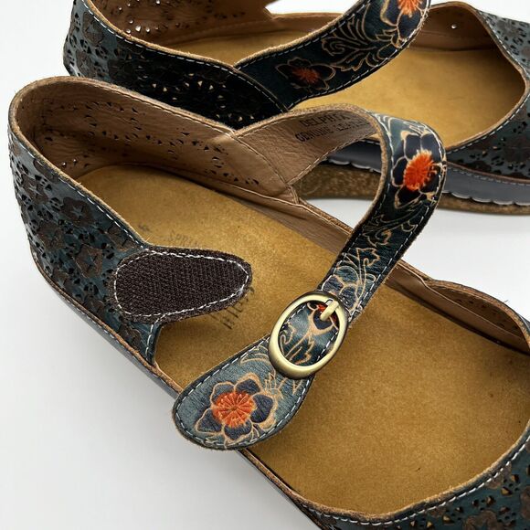L’Artiste Spring Step Delphi’s Navy Blue Floral Leather Open Toe Wedge Sandal 42 - Picture 9 of 13